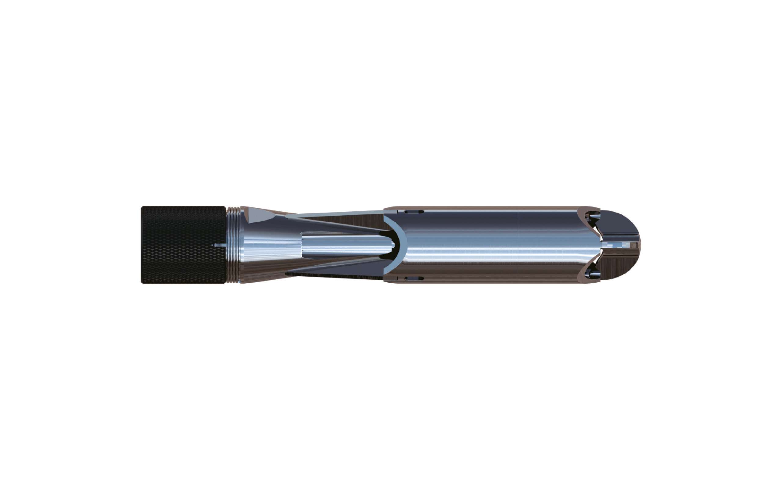 Continuous Jeweled Bearing Flowmeter, metal tube with black cap on one side and rounded end on other side