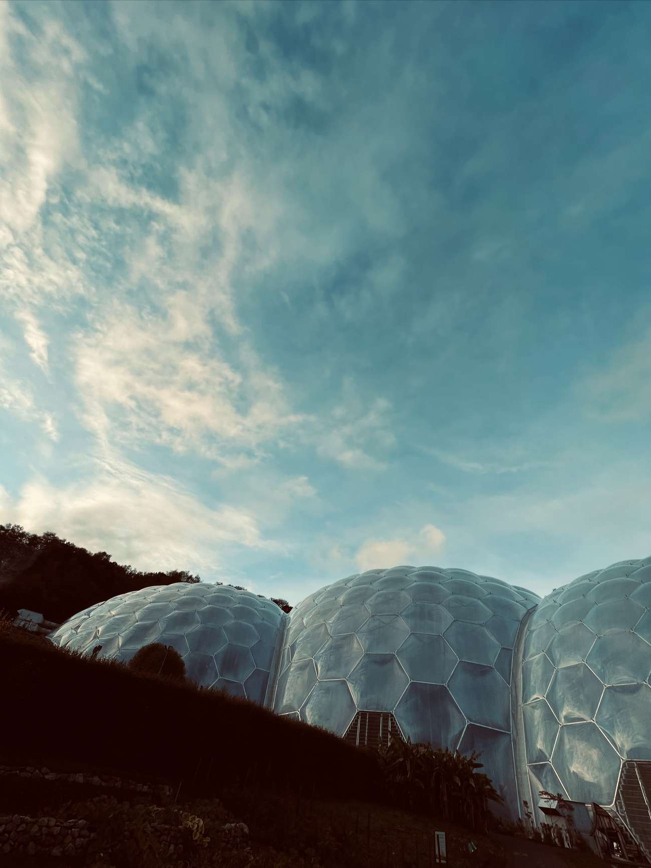 3 connected greenhouse biospheres.