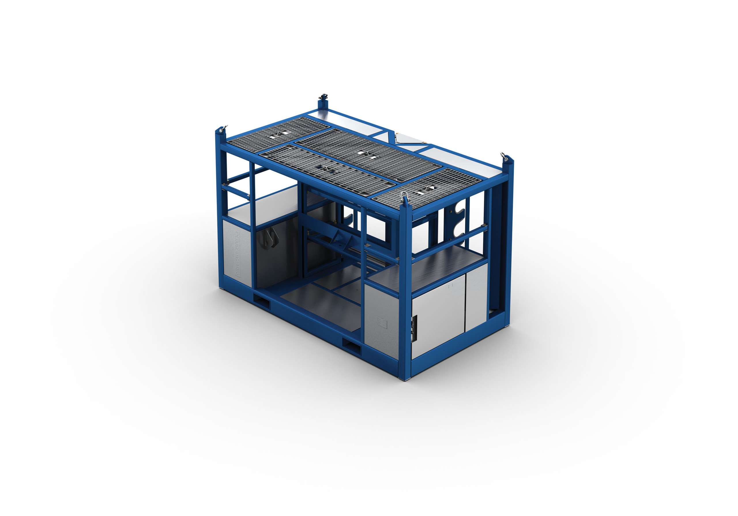 Metal shipping frame with various metal boxes inside