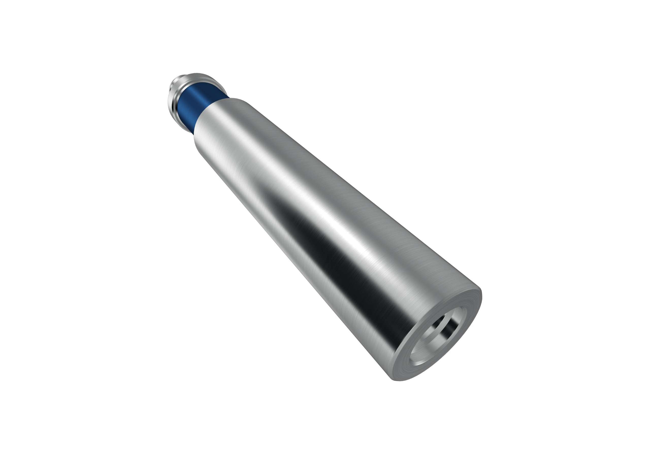 Silver metal tube with blue band on one end