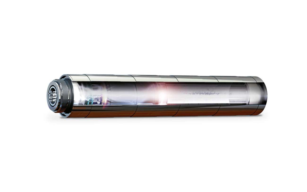 Nuclear detector rendering with sectioned view, metal tube