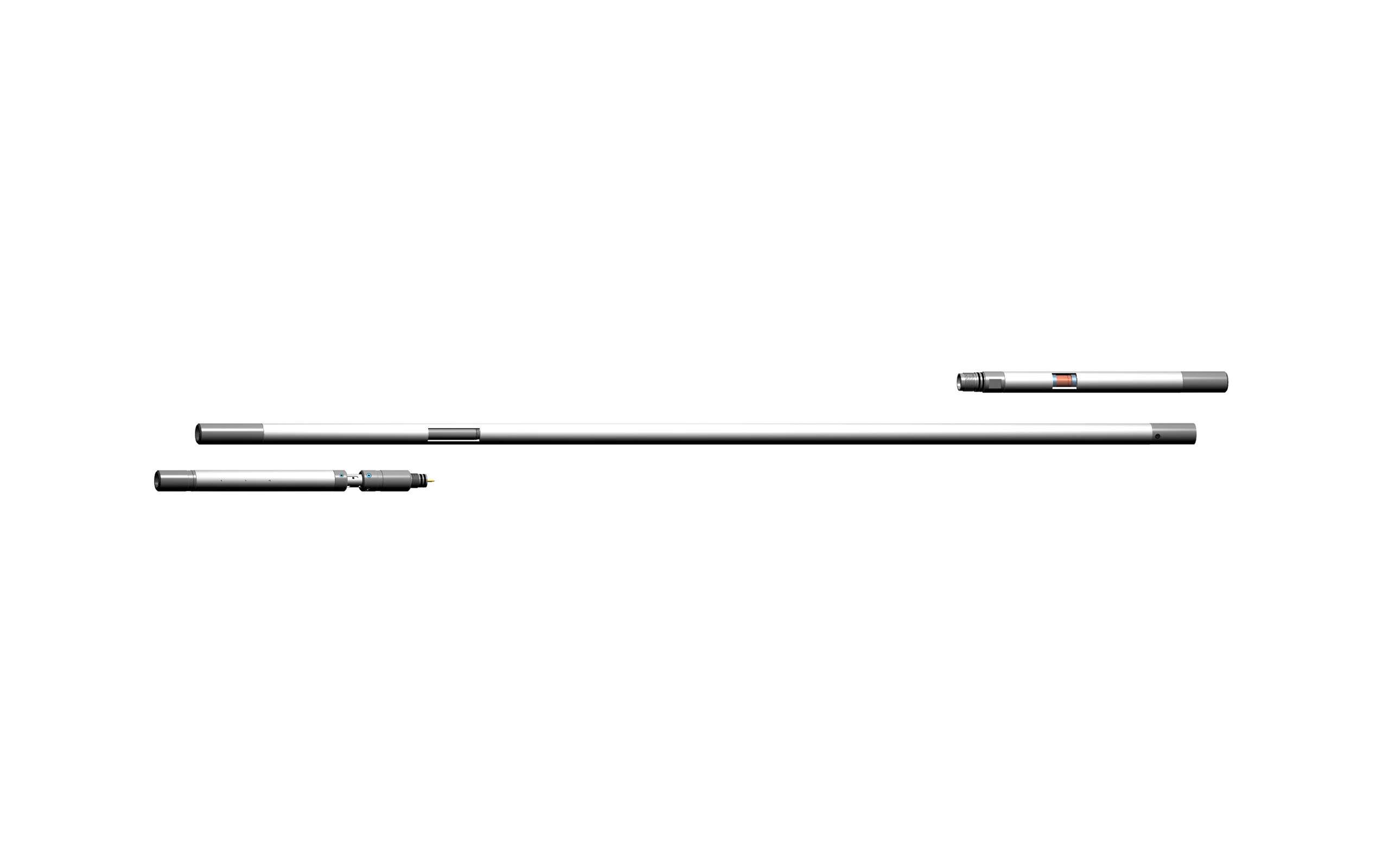 Three white tubes with metal end caps and threading on one end