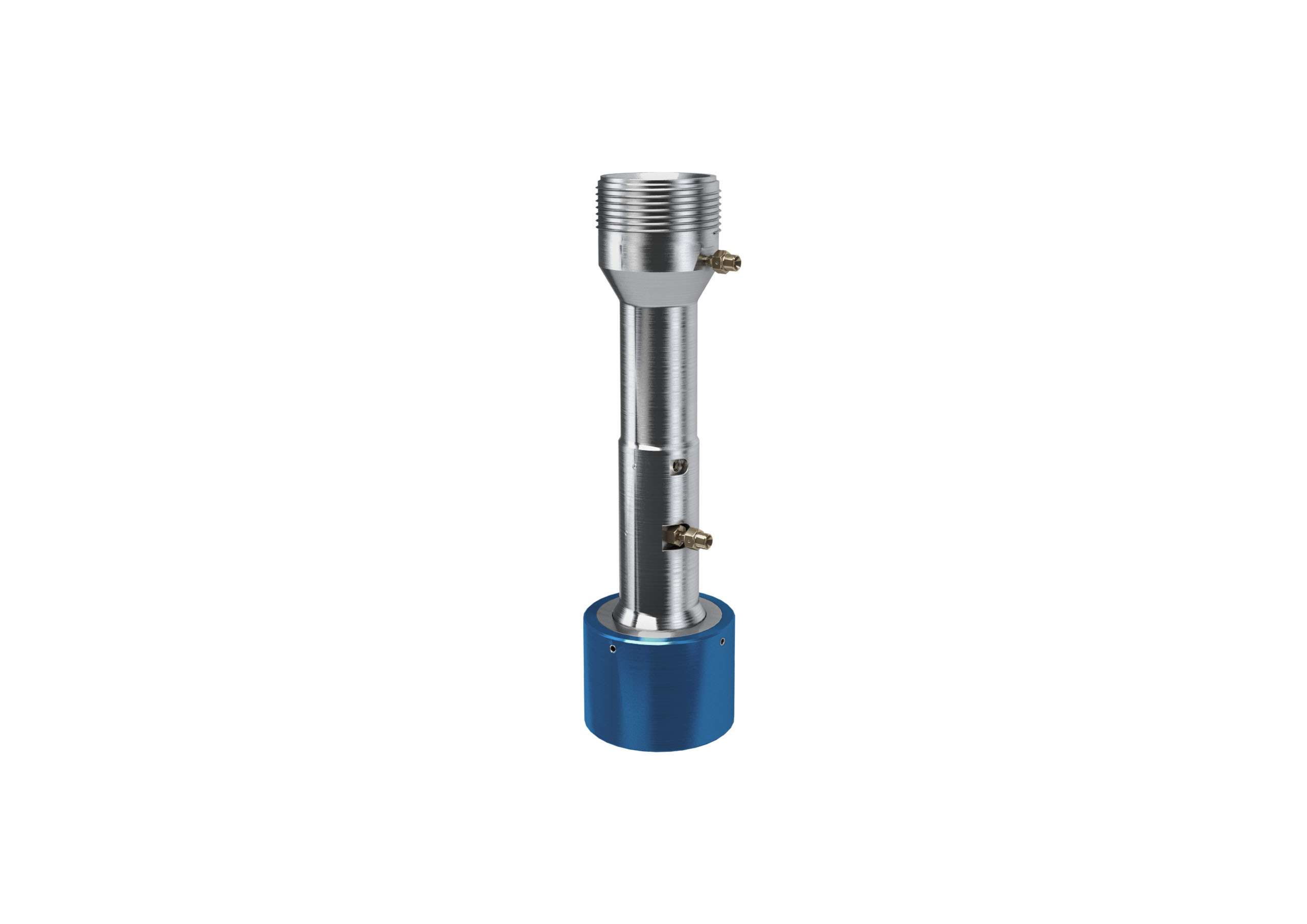 Metal tube with thread on one end and blue widening on other end