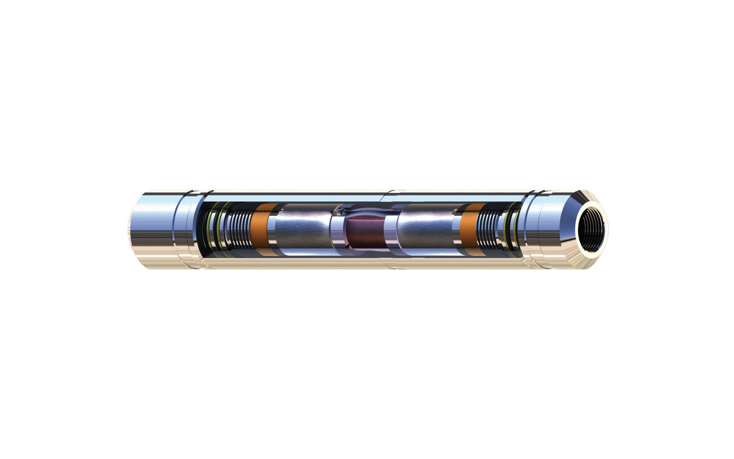 Rendering of metal tube with cross section showing internal threading and mechanics