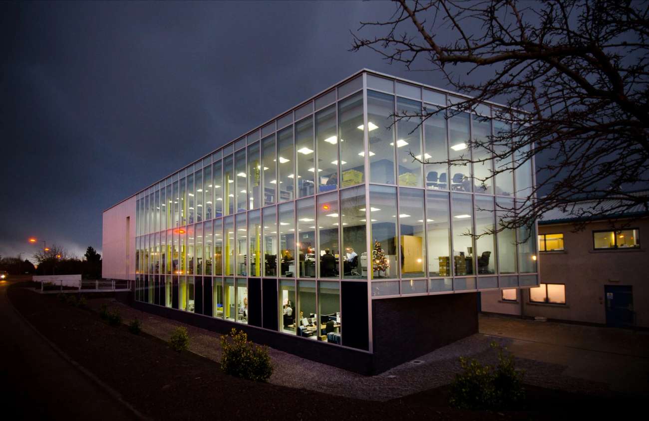 Night shot of glass office building
